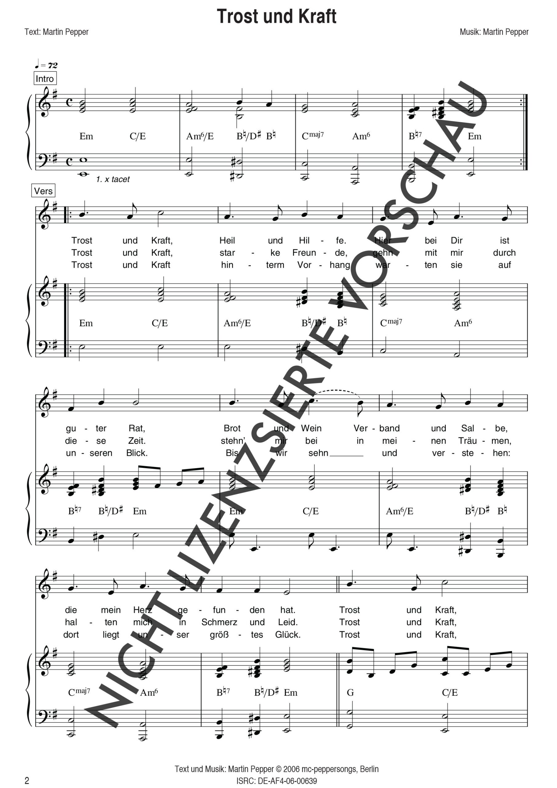 Trost und Kraft - Liednoten mit Klavierarrangement Trost und Kraft - Liednoten mit Klavierarrangement