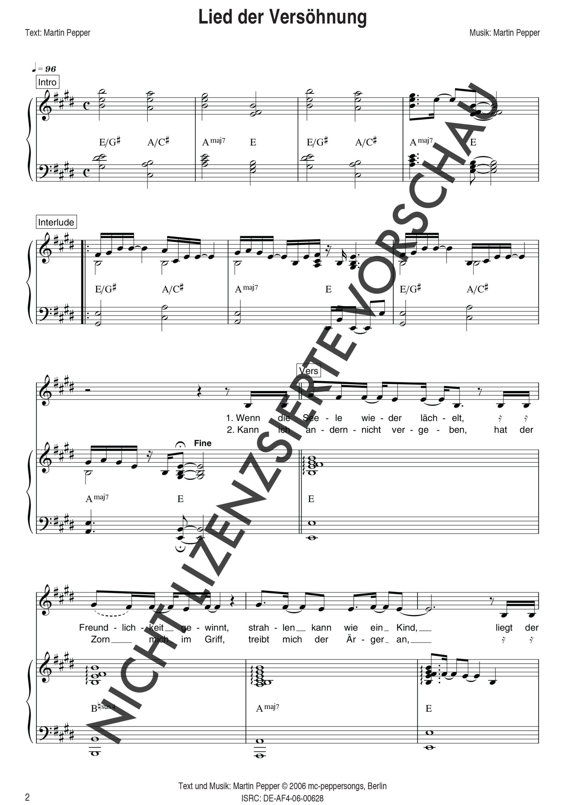 Lied der Versöhnung - Liednoten mit Klavierbegleitung Lied der Versöhnung - Liednoten mit Klavierbegleitung
