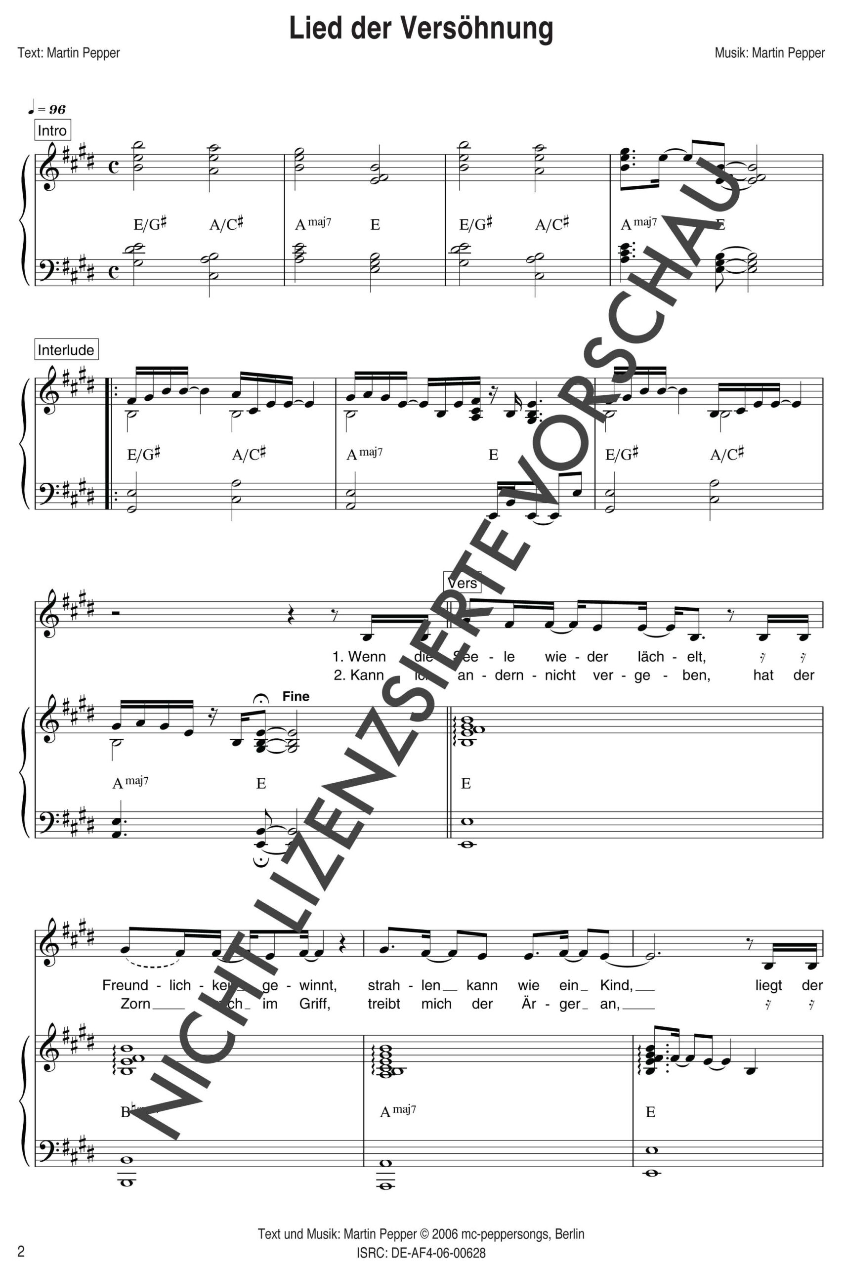 Lied der Versöhnung - Klaviernoten Lied der Versöhnung - Klaviernoten